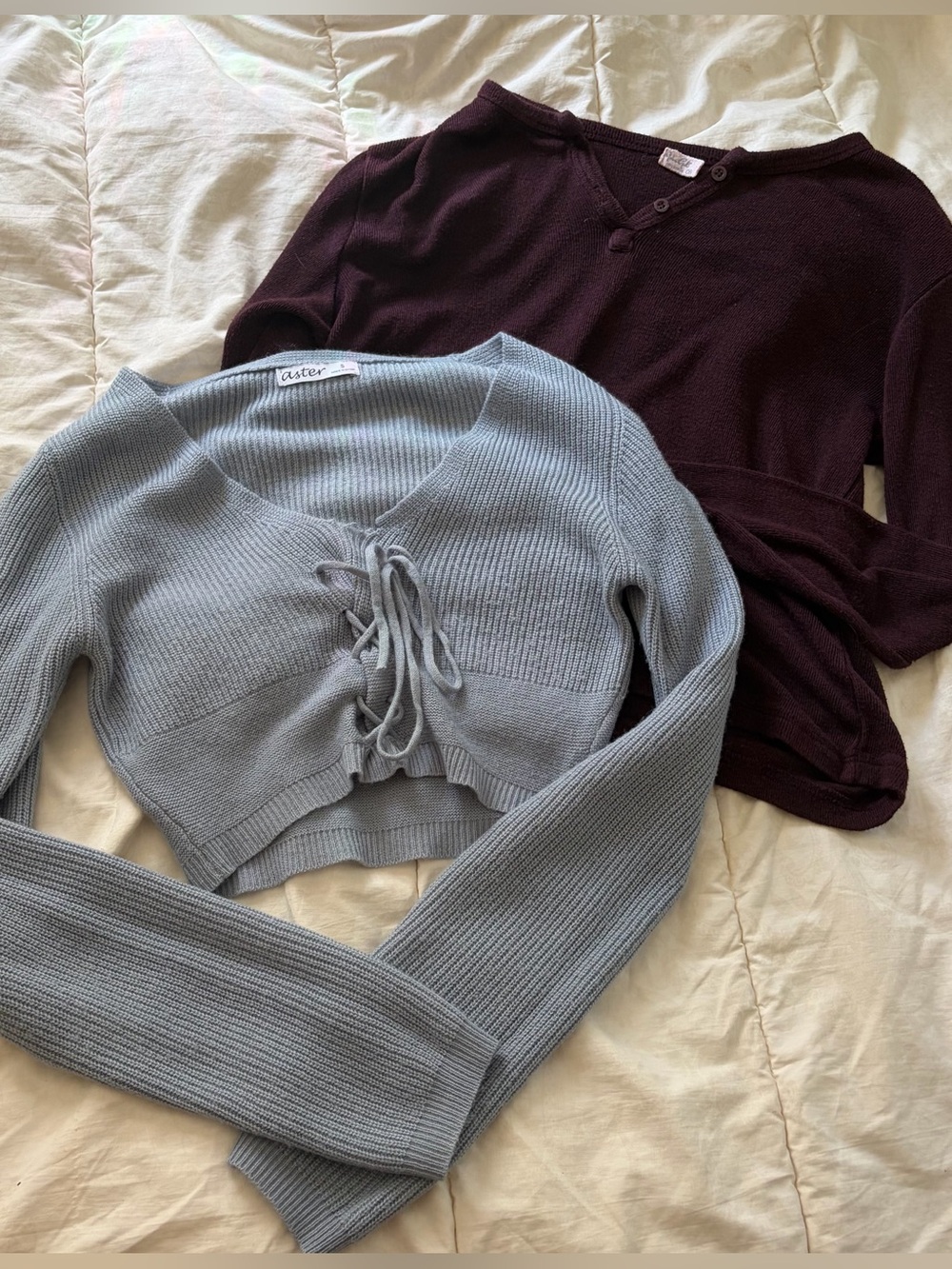 brandy melville j galt maroon sweater + blue lace up soft cropped sweater